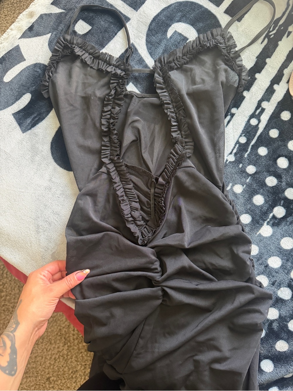 Black Ruffle Trim Slip Dress - Women sheer dress
